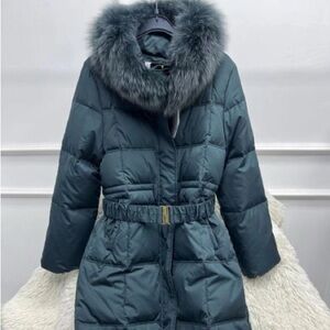 Women's Belted Puffer Jacket with Fur Collar - Teal